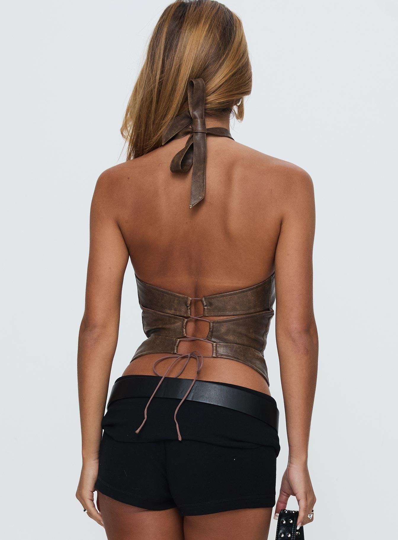 Treat You Better Ring Detail Faux Leather Top Brown